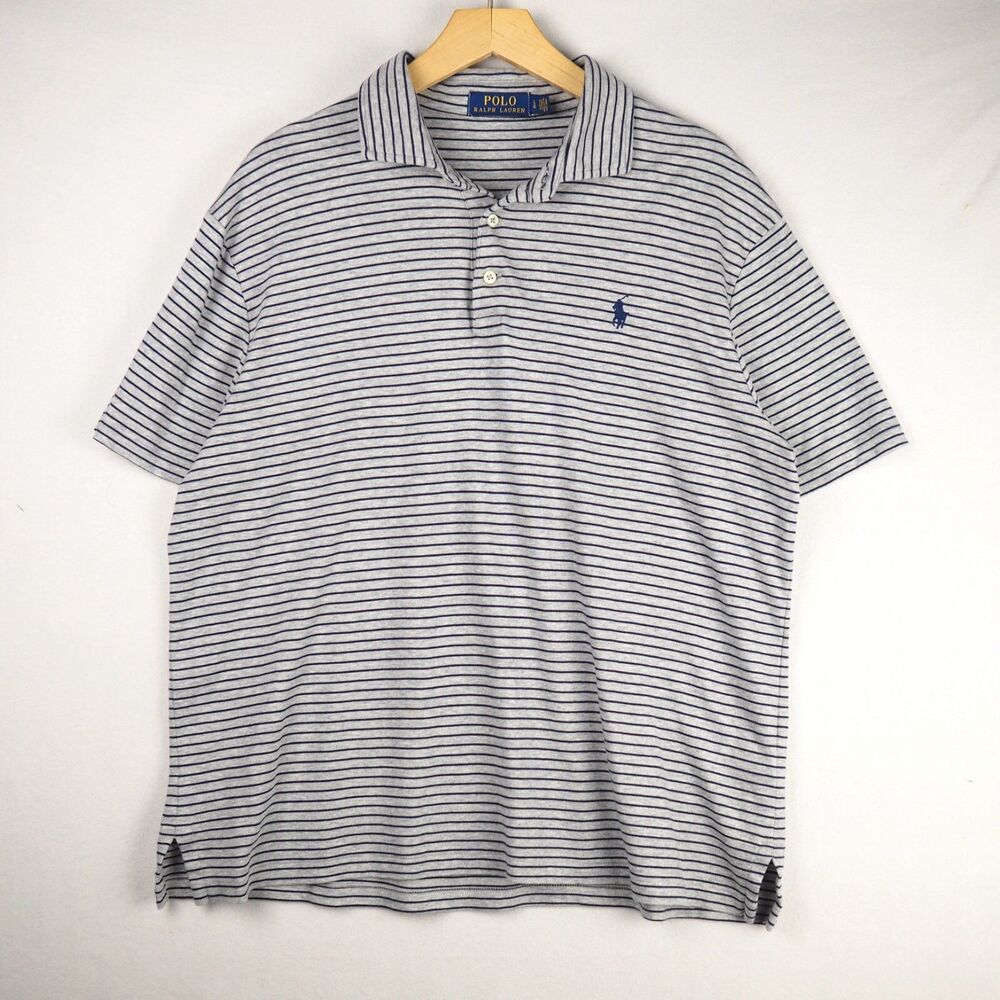 Polo Ralph Lauren Polo Shirt Mens Large Gray Blue Striped Soft Cotton Pony Logo